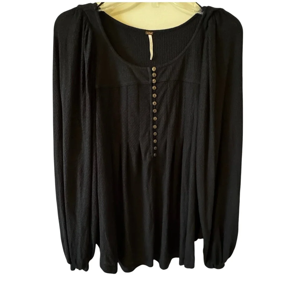 Free People Black Ribbed Knit Henley Puff Sleeve Peasant Top Small